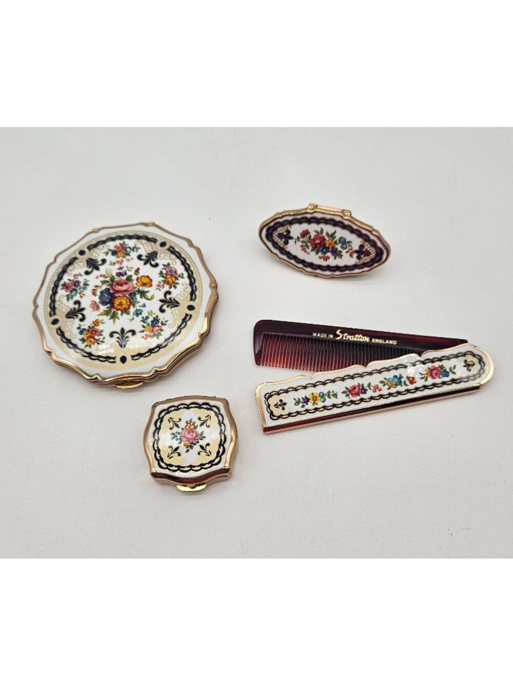 Vintage Stratton Compact 4 Pc Set Floral Flowers Comb Lipstick Holder Pill Box
